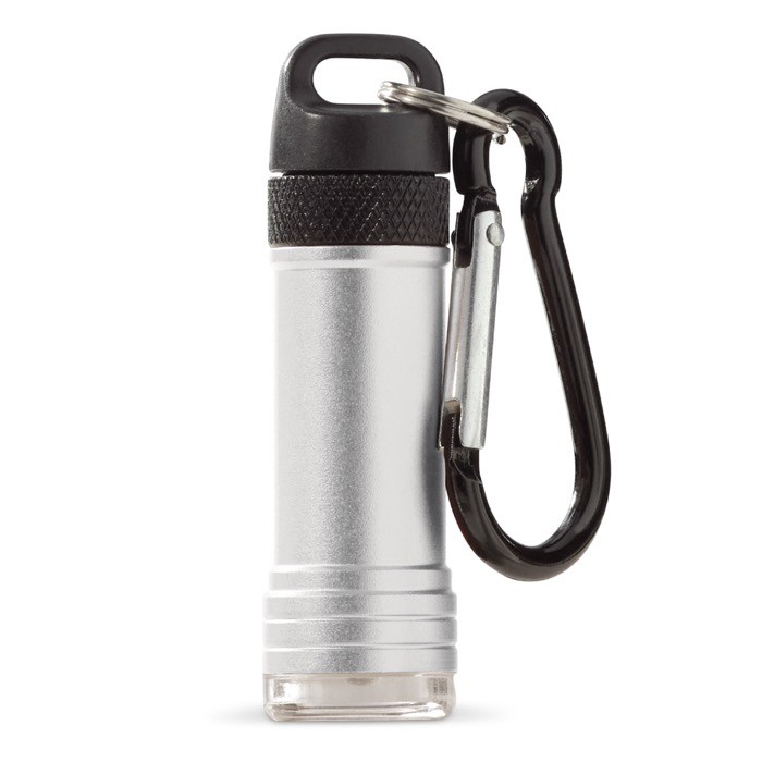 Linterna de aluminio con mosquetón para colgar en cualquier lugar color plateado tercera vista