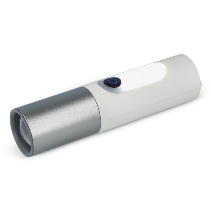 Linterna recargable de luz LED con varios modos y función zoom color blanco Linterna recargable de luz LED con varios modos y función zoom color blanco