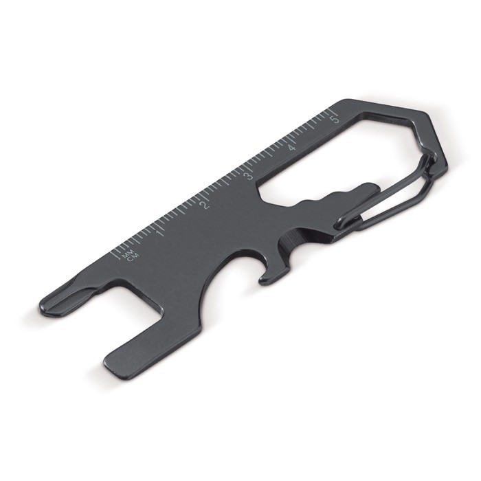 Multiherramienta de acero inoxidable con clip para enganchar a superficie color negro Multiherramienta de acero inoxidable con clip para enganchar a superficie color negro