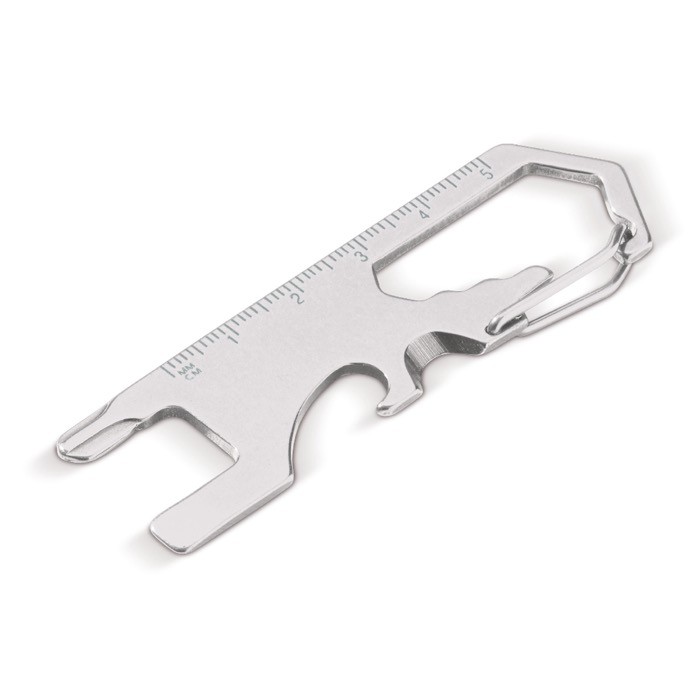 Multiherramienta de acero inoxidable con clip para enganchar a superficie color plateado Multiherramienta de acero inoxidable con clip para enganchar a superficie color plateado