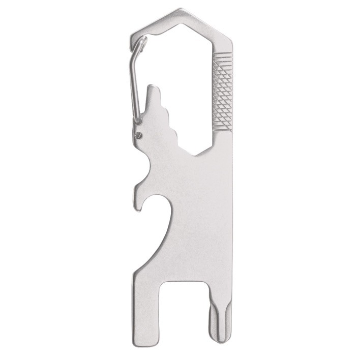 Multiherramienta de acero inoxidable con clip para enganchar a superficie color plateado segunda vista Multiherramienta de acero inoxidable con clip para enganchar a superficie color plateado segunda vista