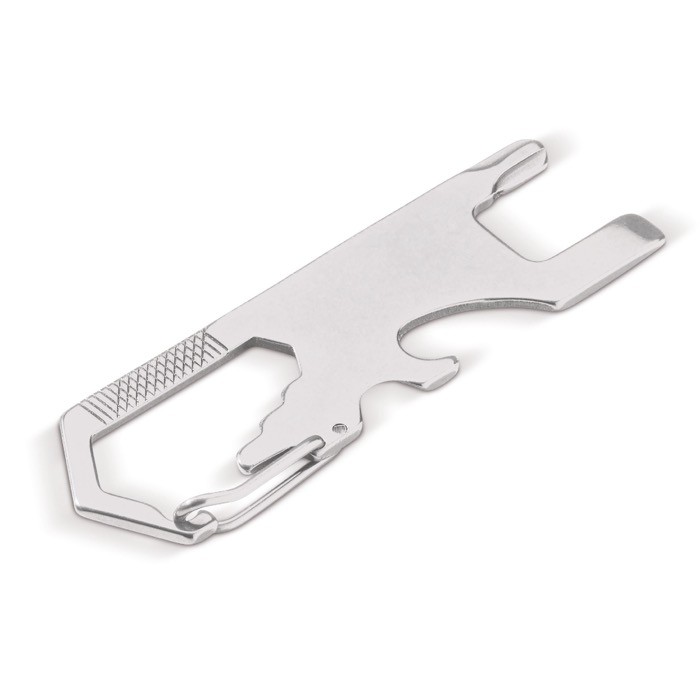Multiherramienta de acero inoxidable con clip para enganchar a superficie color plateado cuarta vista Multiherramienta de acero inoxidable con clip para enganchar a superficie color plateado cuarta vista