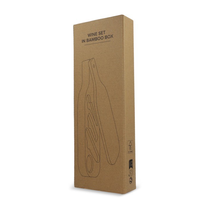 Caja de madera en forma de botella con utensilios para el vino color natural segunda vista Caja de madera en forma de botella con utensilios para el vino color natural segunda vista