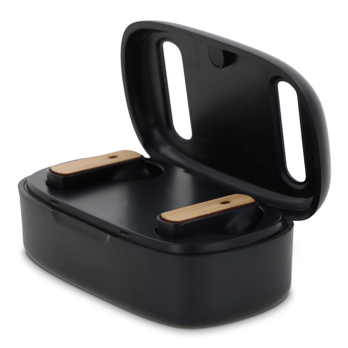 Auriculares inalámbricos en estuche con detalles de aspecto bambú color negro cuarta vista