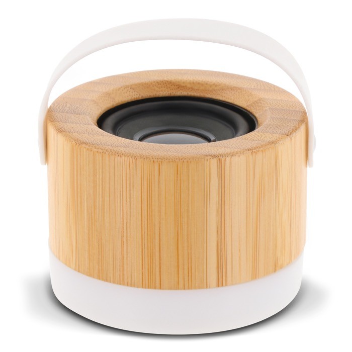 Altavoz inalámbrico de bambú con base y asa blanca para transporte color madera Altavoz inalámbrico de bambú con base y asa blanca para transporte color madera