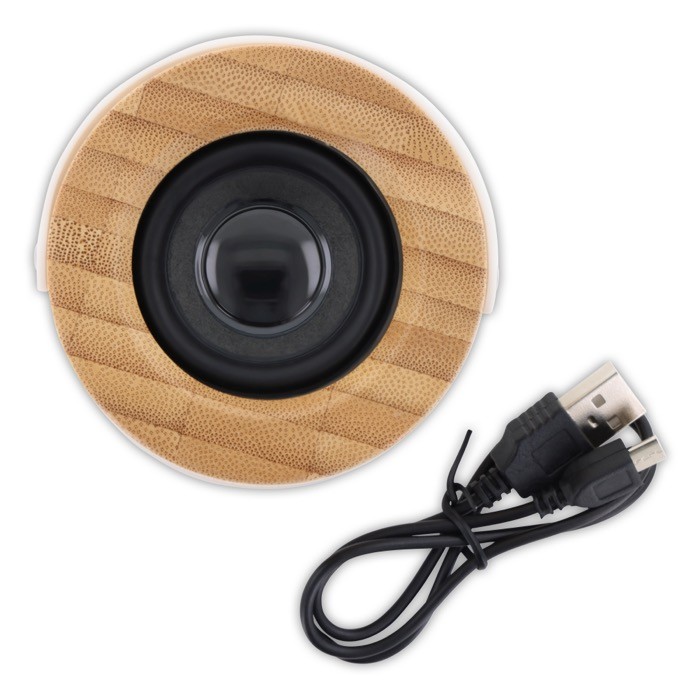 Altavoz inalámbrico de bambú con base y asa blanca para transporte color madera quinta vista Altavoz inalámbrico de bambú con base y asa blanca para transporte color madera quinta vista