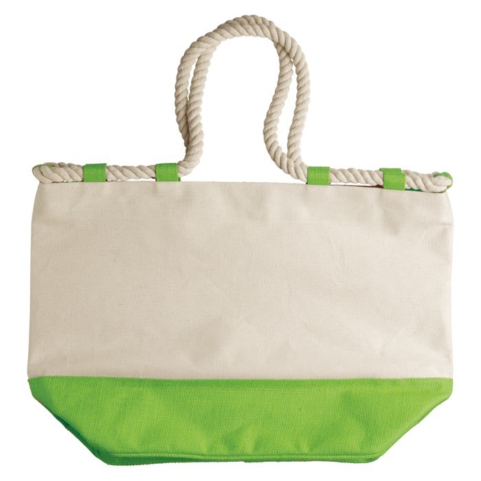 Bolsa de loneta con base de colores y asas de cordones resistentes color verde lima segunda vista