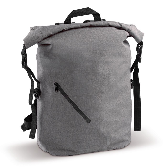 Mochilla roll-top resistente al agua con bolsillo frontal 22L color gris tercera vista Mochilla roll-top resistente al agua con bolsillo frontal 22L color gris tercera vista