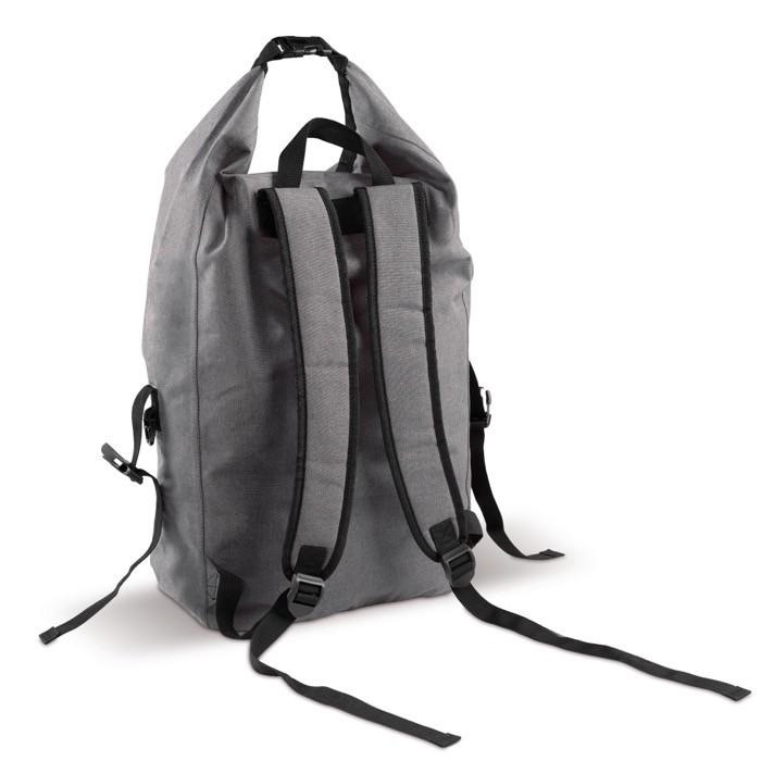 Mochilla roll-top resistente al agua con bolsillo frontal 22L color gris cuarta vista Mochilla roll-top resistente al agua con bolsillo frontal 22L color gris cuarta vista