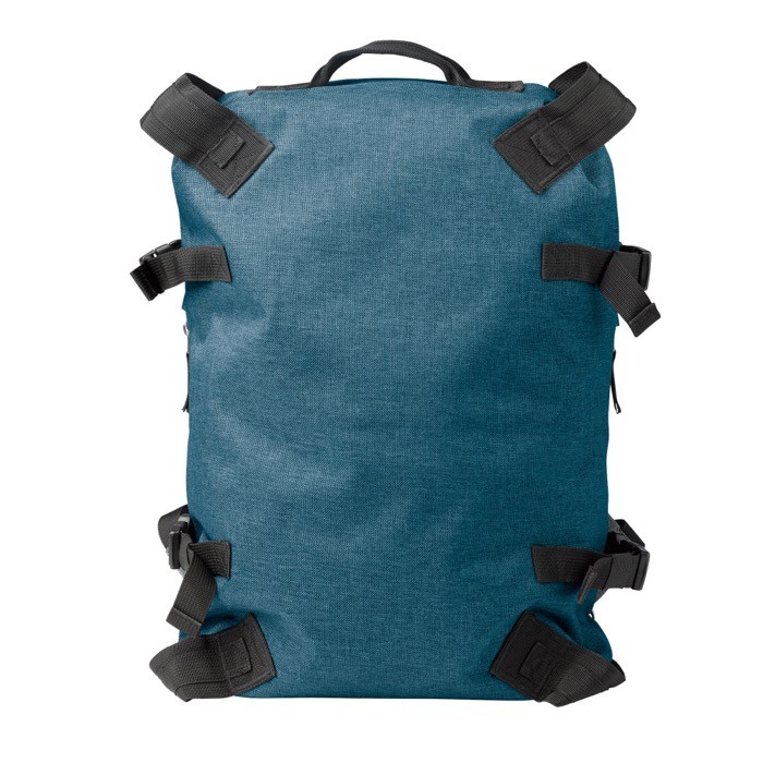 Mochila acolchada con abertura en la parte trasera color azul oscuro tercera vista