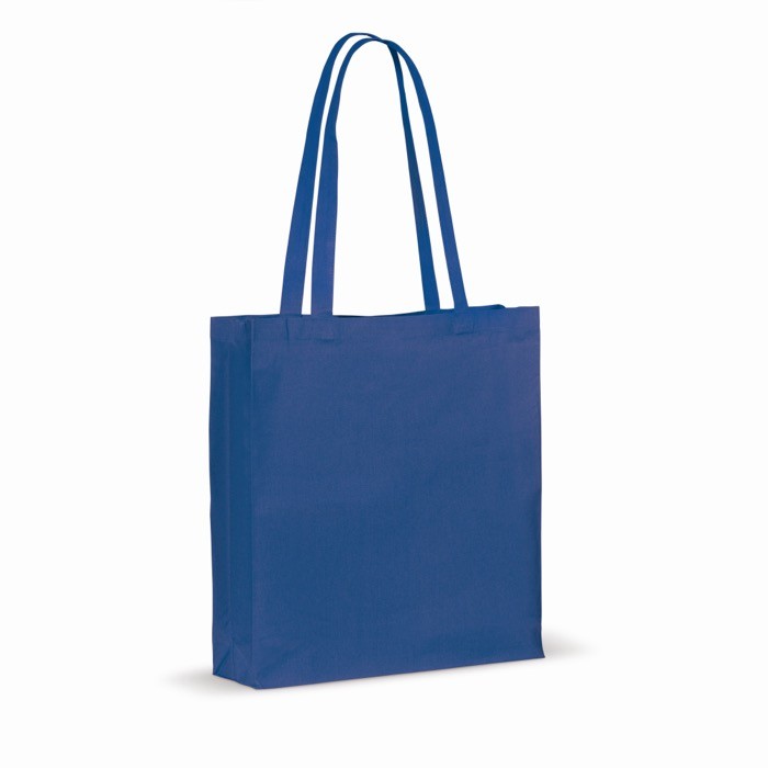 Bolsa de algodón reciclado pequeña con fuelle y asas a juego 140 g/m2 color azul Bolsa de algodón reciclado pequeña con fuelle y asas a juego 140 g/m2 color azul