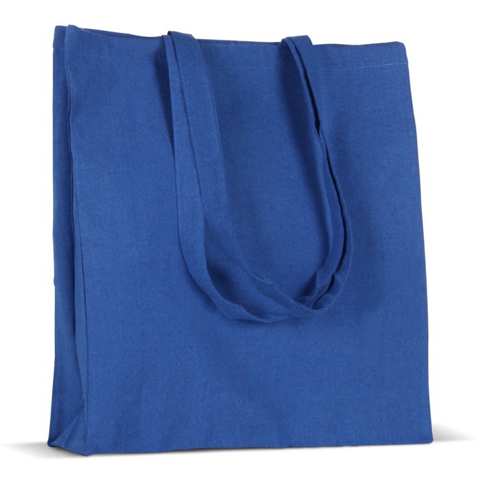 Bolsa de algodón reciclado pequeña con fuelle y asas a juego 140 g/m2 color azul tercera vista Bolsa de algodón reciclado pequeña con fuelle y asas a juego 140 g/m2 color azul tercera vista