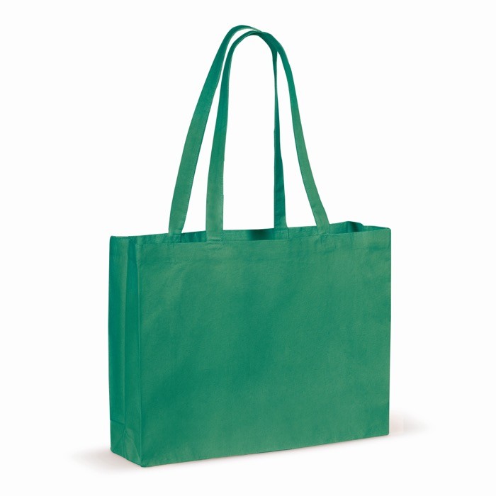 Bolsa de algodón reciclado grande con fuelle y asas a juego 140 g/m2 color verde oscuro Bolsa de algodón reciclado grande con fuelle y asas a juego 140 g/m2 color verde oscuro