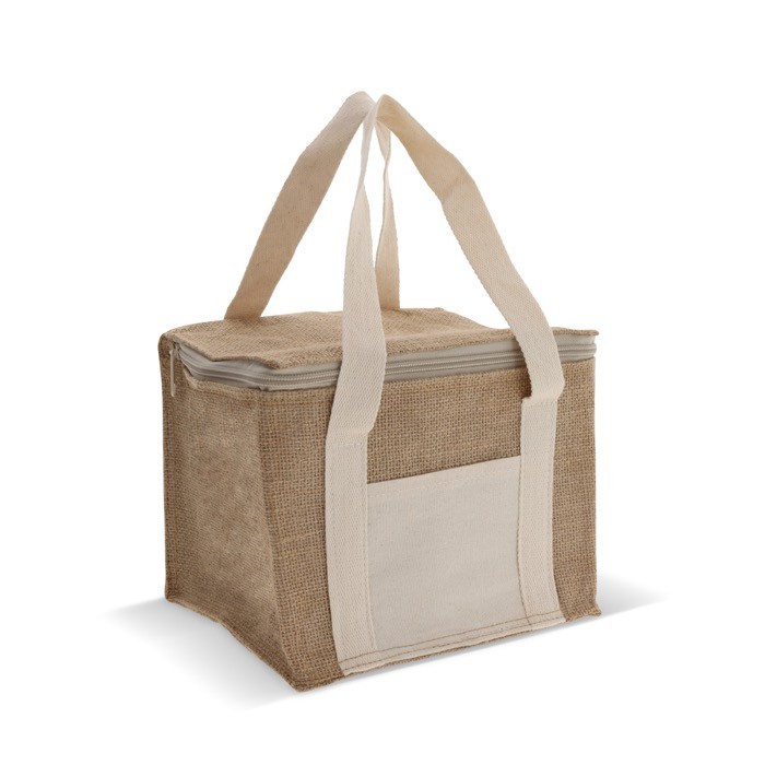 Bolsa nevera de yute y algodón con asas apta para 6 latas color beige Bolsa nevera de yute y algodón con asas apta para 6 latas color beige