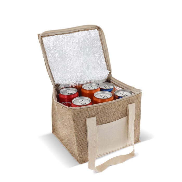 Bolsa nevera de yute y algodón con asas apta para 6 latas color beige tercera vista Bolsa nevera de yute y algodón con asas apta para 6 latas color beige tercera vista