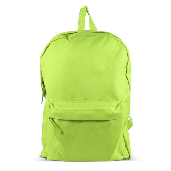 Clásica mochila de RPET en varios colores y bolsillo frontal color verde lima tercera vista