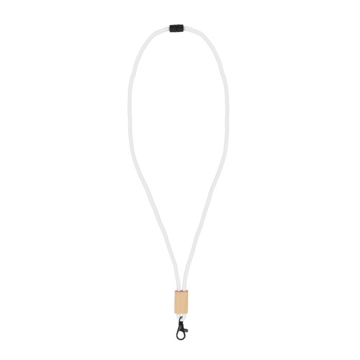 Lanyard de RPET en colores  con detalle de bambú para personalizar color blanco