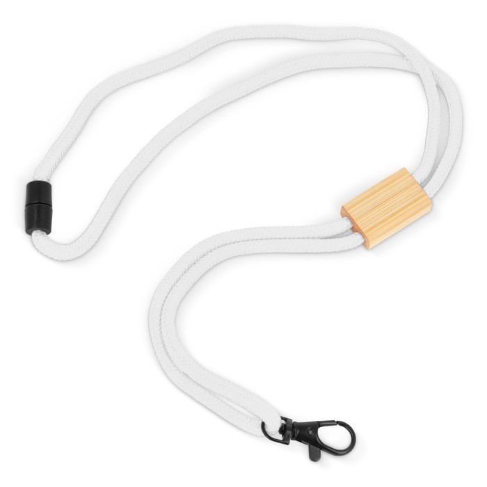 Lanyard de RPET en colores  con detalle de bambú para personalizar color blanco tercera vista