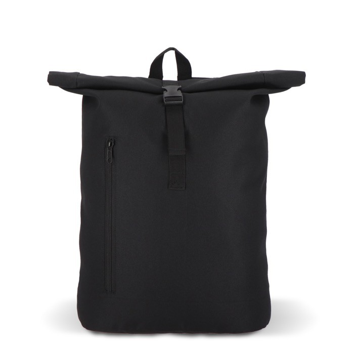 Mochila rolltop de RPET con pequeña cremallera frontal 20L color negro Mochila rolltop de RPET con pequeña cremallera frontal 20L color negro