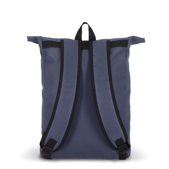 Mochila rolltop de RPET con pequeña cremallera frontal 20L color azul oscuro quinta vista Mochila rolltop de RPET con pequeña cremallera frontal 20L color azul oscuro quinta vista