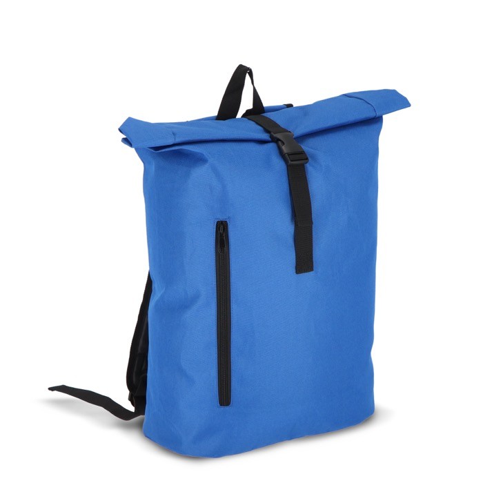 Mochila rolltop de RPET con pequeña cremallera frontal 20L color azul segunda vista Mochila rolltop de RPET con pequeña cremallera frontal 20L color azul segunda vista