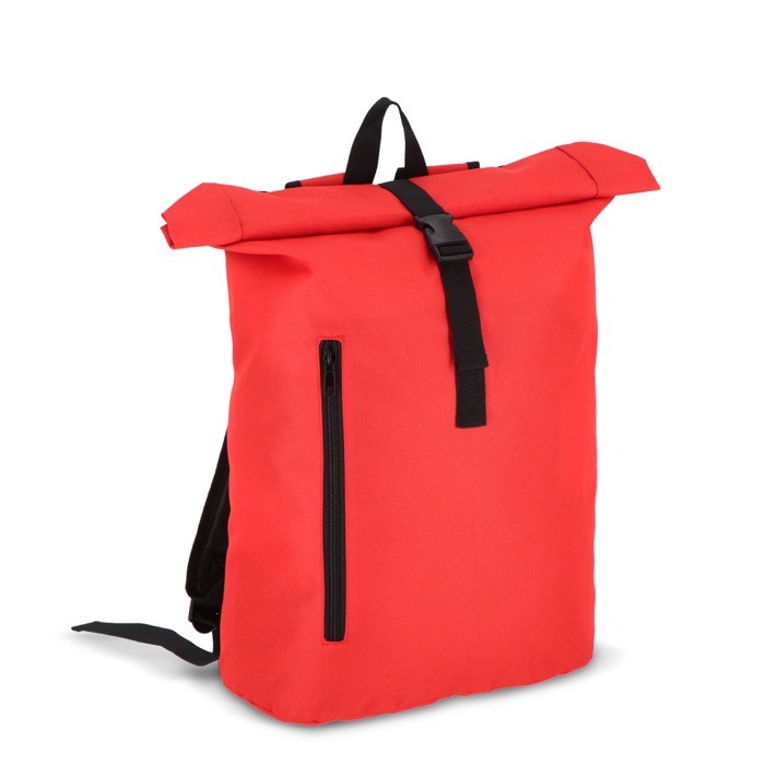 Mochila rolltop de RPET con pequeña cremallera frontal 20L color rojo segunda vista Mochila rolltop de RPET con pequeña cremallera frontal 20L color rojo segunda vista
