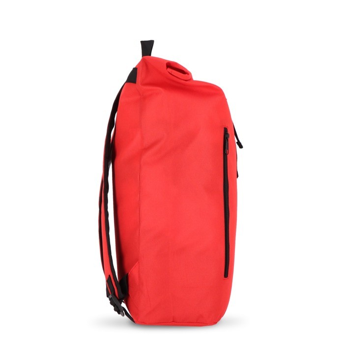 Mochila rolltop de RPET con pequeña cremallera frontal 20L color rojo tercera vista Mochila rolltop de RPET con pequeña cremallera frontal 20L color rojo tercera vista
