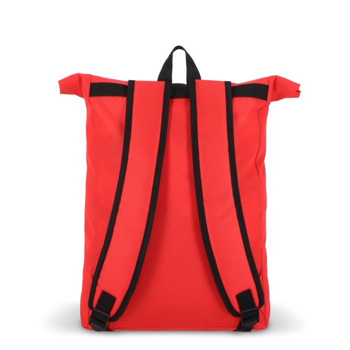 Mochila rolltop de RPET con pequeña cremallera frontal 20L color rojo quinta vista Mochila rolltop de RPET con pequeña cremallera frontal 20L color rojo quinta vista