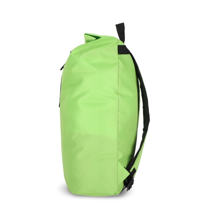 Mochila rolltop de RPET con pequeña cremallera frontal 20L color verde lima cuarta vista Mochila rolltop de RPET con pequeña cremallera frontal 20L color verde lima cuarta vista