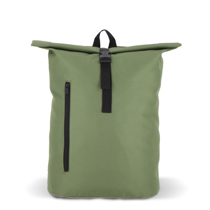 Mochila rolltop de RPET con pequeña cremallera frontal 20L color verde oliva Mochila rolltop de RPET con pequeña cremallera frontal 20L color verde oliva