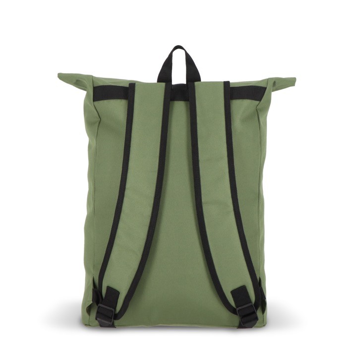 Mochila rolltop de RPET con pequeña cremallera frontal 20L color verde oliva quinta vista Mochila rolltop de RPET con pequeña cremallera frontal 20L color verde oliva quinta vista