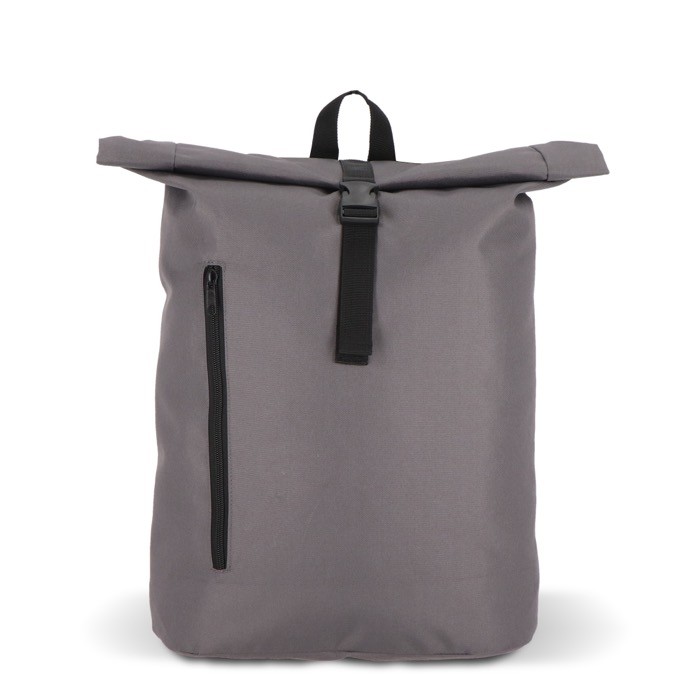 Mochila rolltop de RPET con pequeña cremallera frontal 20L color gris Mochila rolltop de RPET con pequeña cremallera frontal 20L color gris