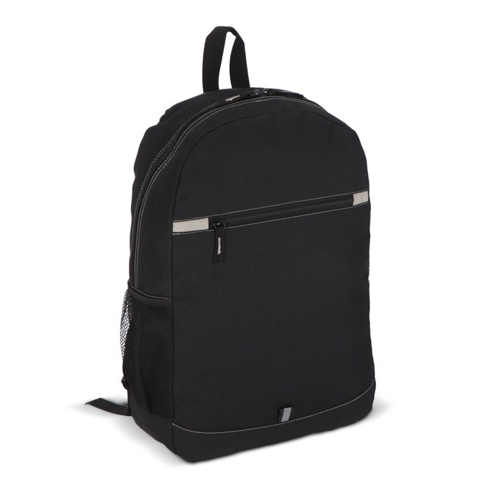 Mochila de RPET con compartimiento frontal y pequeño detalle reflectante color negro segunda vista Mochila de RPET con compartimiento frontal y pequeño detalle reflectante color negro segunda vista