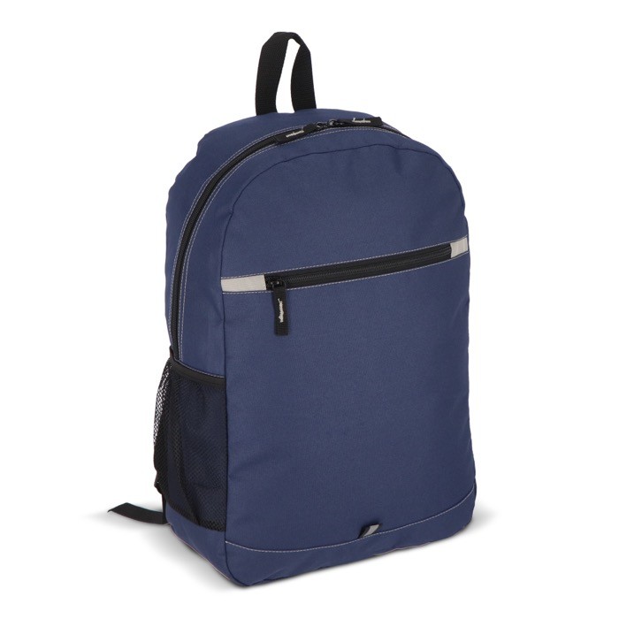 Mochila de RPET con compartimiento frontal y pequeño detalle reflectante color azul oscuro segunda vista Mochila de RPET con compartimiento frontal y pequeño detalle reflectante color azul oscuro segunda vista