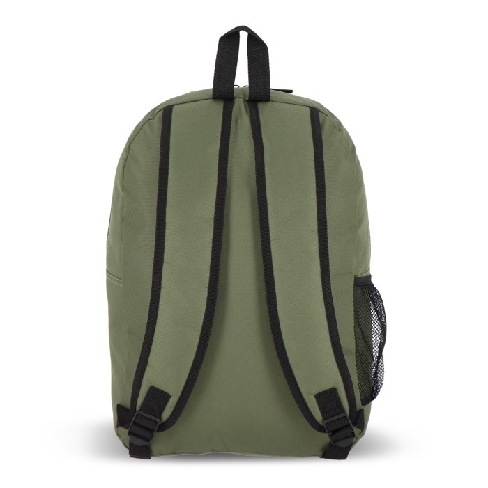 Mochila de RPET con compartimiento frontal y pequeño detalle reflectante color verde oliva quinta vista Mochila de RPET con compartimiento frontal y pequeño detalle reflectante color verde oliva quinta vista