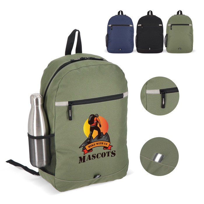 Mochila de RPET con compartimiento frontal y pequeño detalle reflectante Mochila de RPET con compartimiento frontal y pequeño detalle reflectante