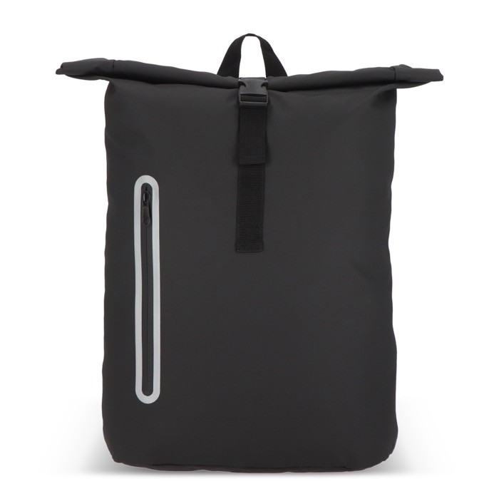 Mochila rolltop de RPET con pequeña cremallera frontal 20L color negro segunda vista Mochila rolltop de RPET con pequeña cremallera frontal 20L color negro segunda vista