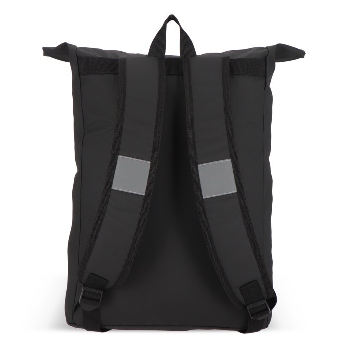 Mochila rolltop de RPET con pequeña cremallera frontal 20L color negro quinta vista Mochila rolltop de RPET con pequeña cremallera frontal 20L color negro quinta vista