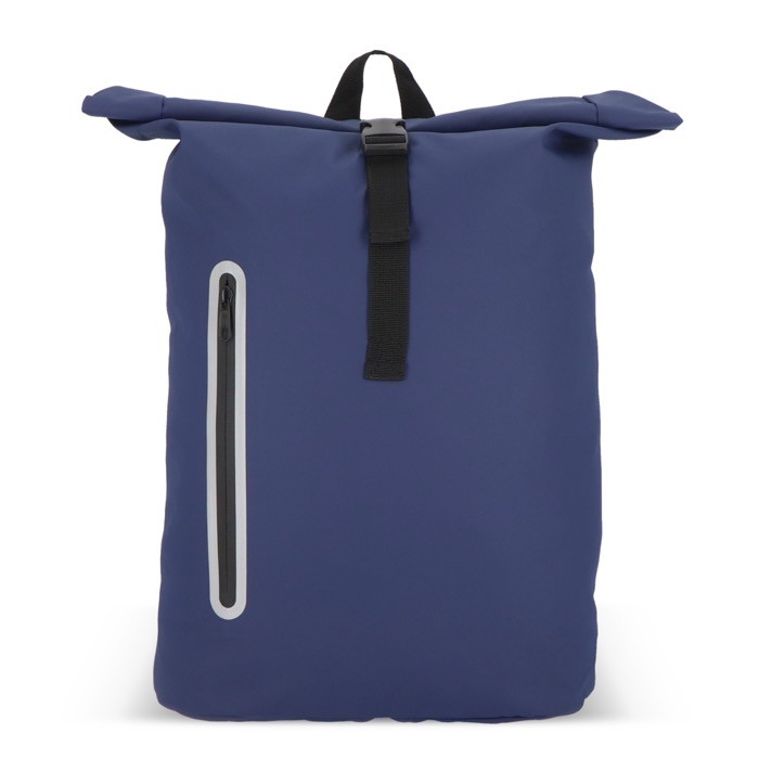 Mochila rolltop de RPET con pequeña cremallera frontal 20L color azul oscuro segunda vista Mochila rolltop de RPET con pequeña cremallera frontal 20L color azul oscuro segunda vista