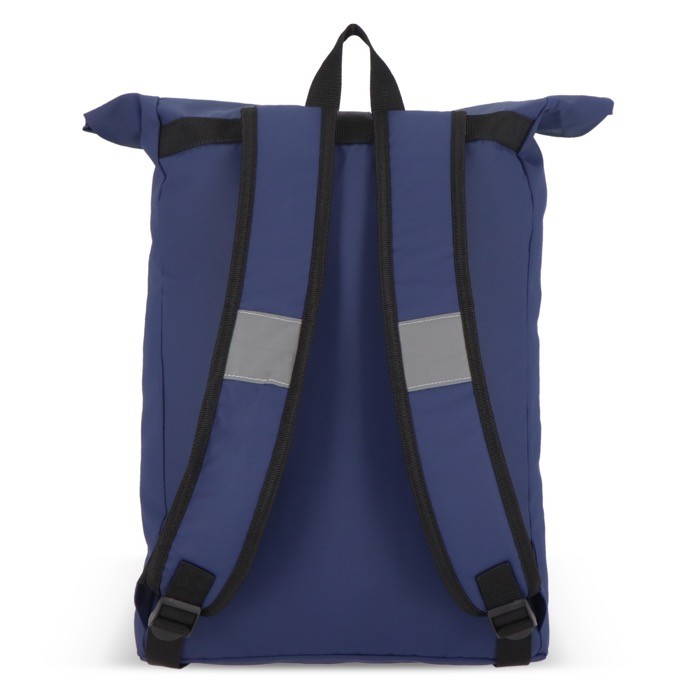 Mochila rolltop de RPET con pequeña cremallera frontal 20L color azul oscuro quinta vista Mochila rolltop de RPET con pequeña cremallera frontal 20L color azul oscuro quinta vista