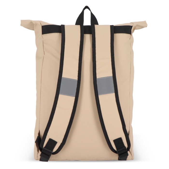 Mochila rolltop de RPET con pequeña cremallera frontal 20L color beige quinta vista Mochila rolltop de RPET con pequeña cremallera frontal 20L color beige quinta vista