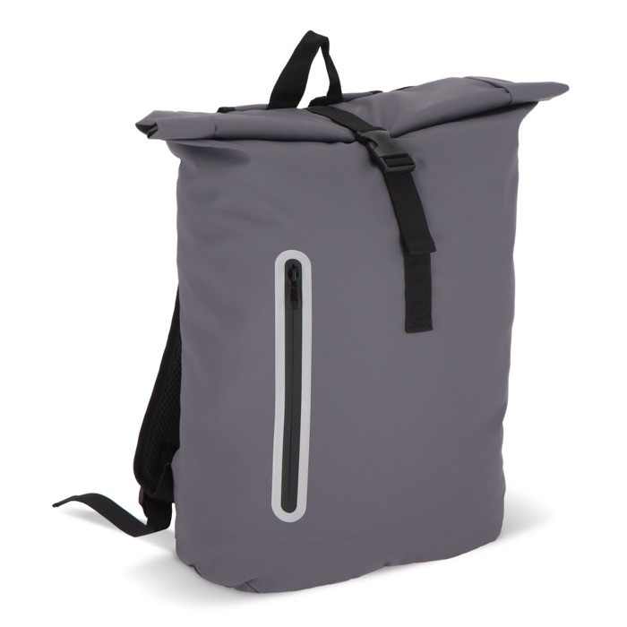 Mochila rolltop de RPET con pequeña cremallera frontal 20L color gris Mochila rolltop de RPET con pequeña cremallera frontal 20L color gris