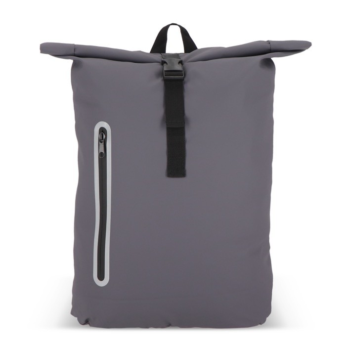 Mochila rolltop de RPET con pequeña cremallera frontal 20L color gris segunda vista Mochila rolltop de RPET con pequeña cremallera frontal 20L color gris segunda vista