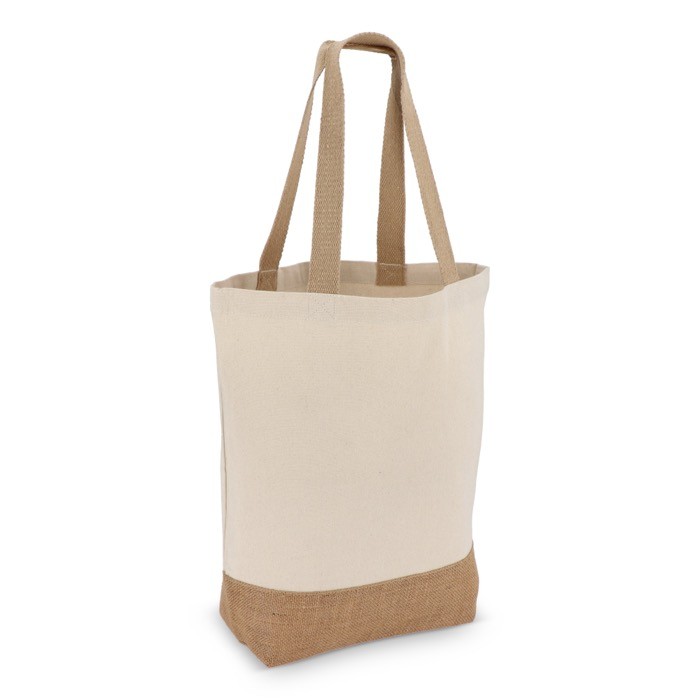 Bolsa de algodón con fuelle inferior y asas de yute 320 g/m2 color beige