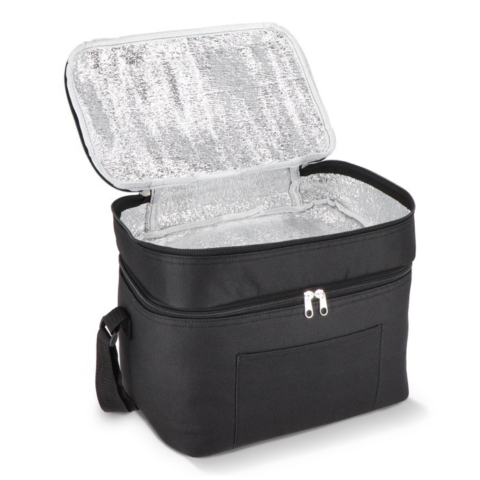 Bolsa nevera de doble compartimiento y bolsillo frontal 12L color negro segunda vista Bolsa nevera de doble compartimiento y bolsillo frontal 12L color negro segunda vista