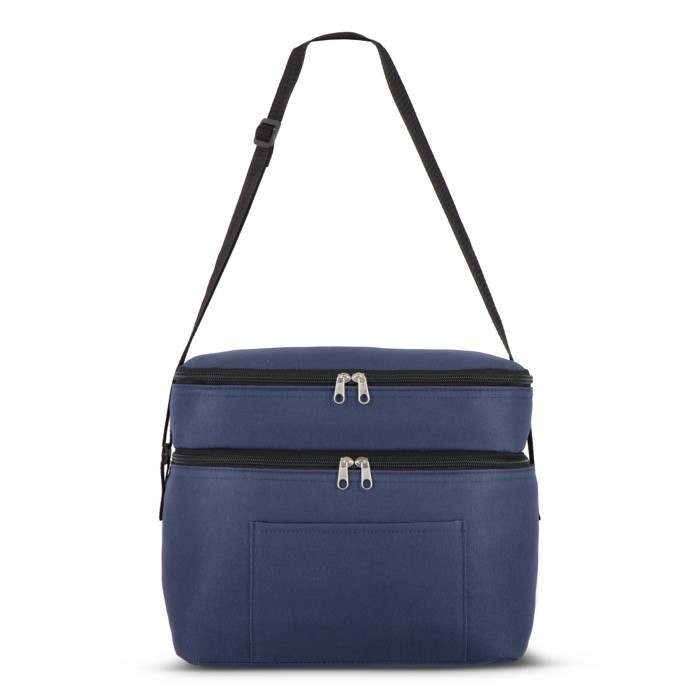 Bolsa nevera de doble compartimiento y bolsillo frontal 12L color azul oscuro cuarta vista Bolsa nevera de doble compartimiento y bolsillo frontal 12L color azul oscuro cuarta vista