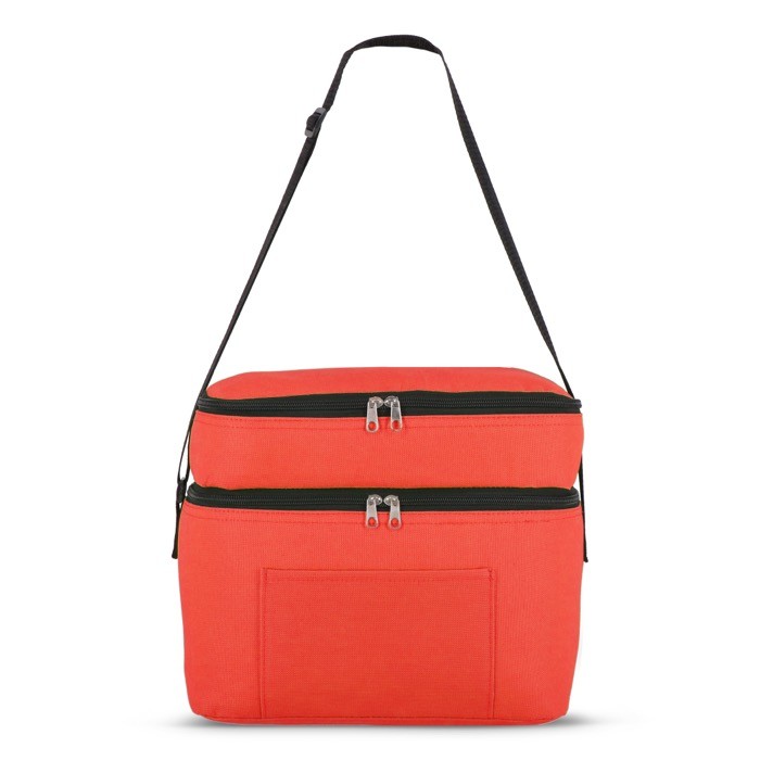 Bolsa nevera de doble compartimiento y bolsillo frontal 12L color rojo cuarta vista Bolsa nevera de doble compartimiento y bolsillo frontal 12L color rojo cuarta vista
