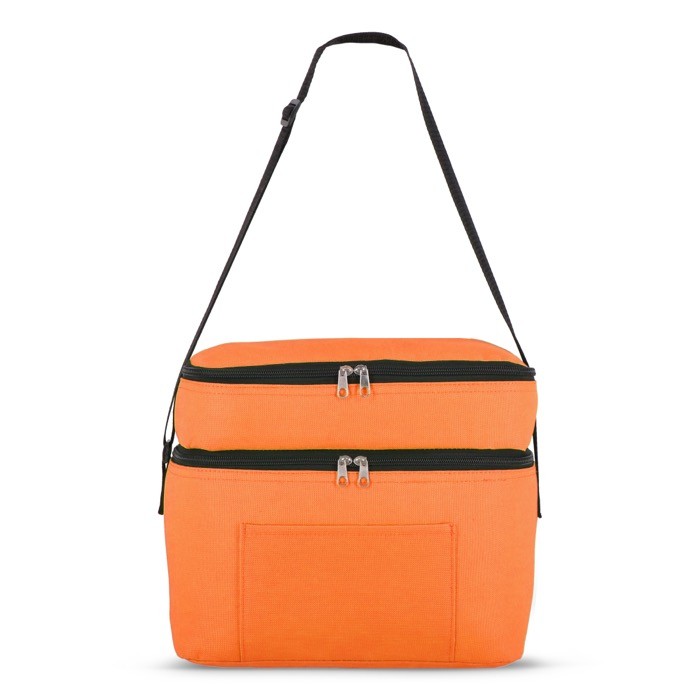 Bolsa nevera de doble compartimiento y bolsillo frontal 12L color naranja cuarta vista Bolsa nevera de doble compartimiento y bolsillo frontal 12L color naranja cuarta vista