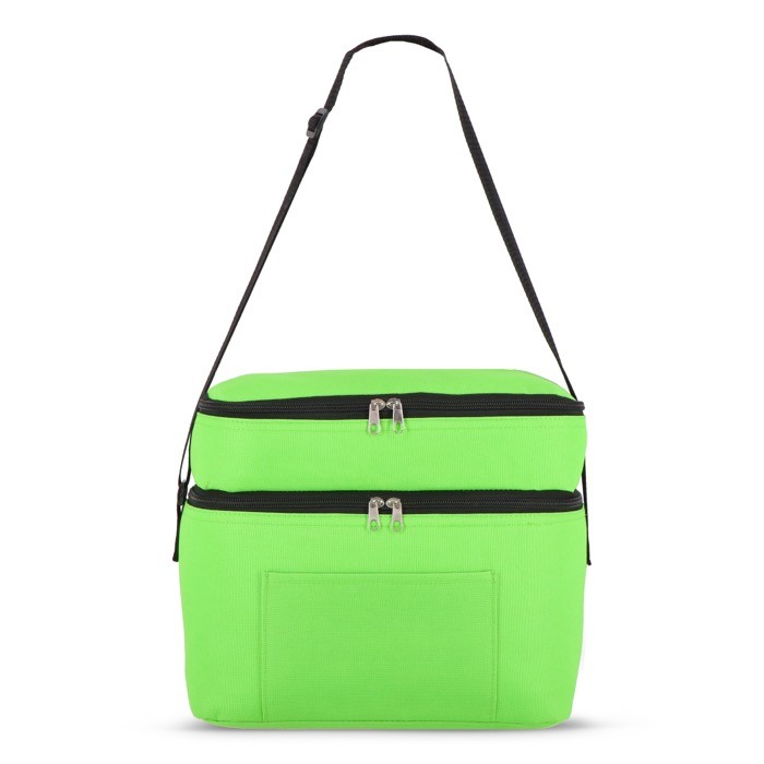Bolsa nevera de doble compartimiento y bolsillo frontal 12L color verde lima cuarta vista Bolsa nevera de doble compartimiento y bolsillo frontal 12L color verde lima cuarta vista