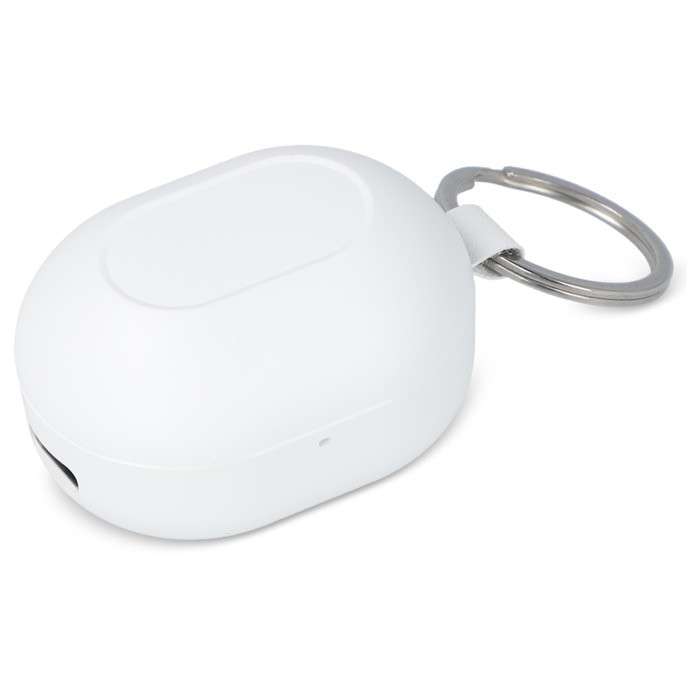 Auriculares pequeños en estuche del tamaño de un llavero color blanco segunda vista